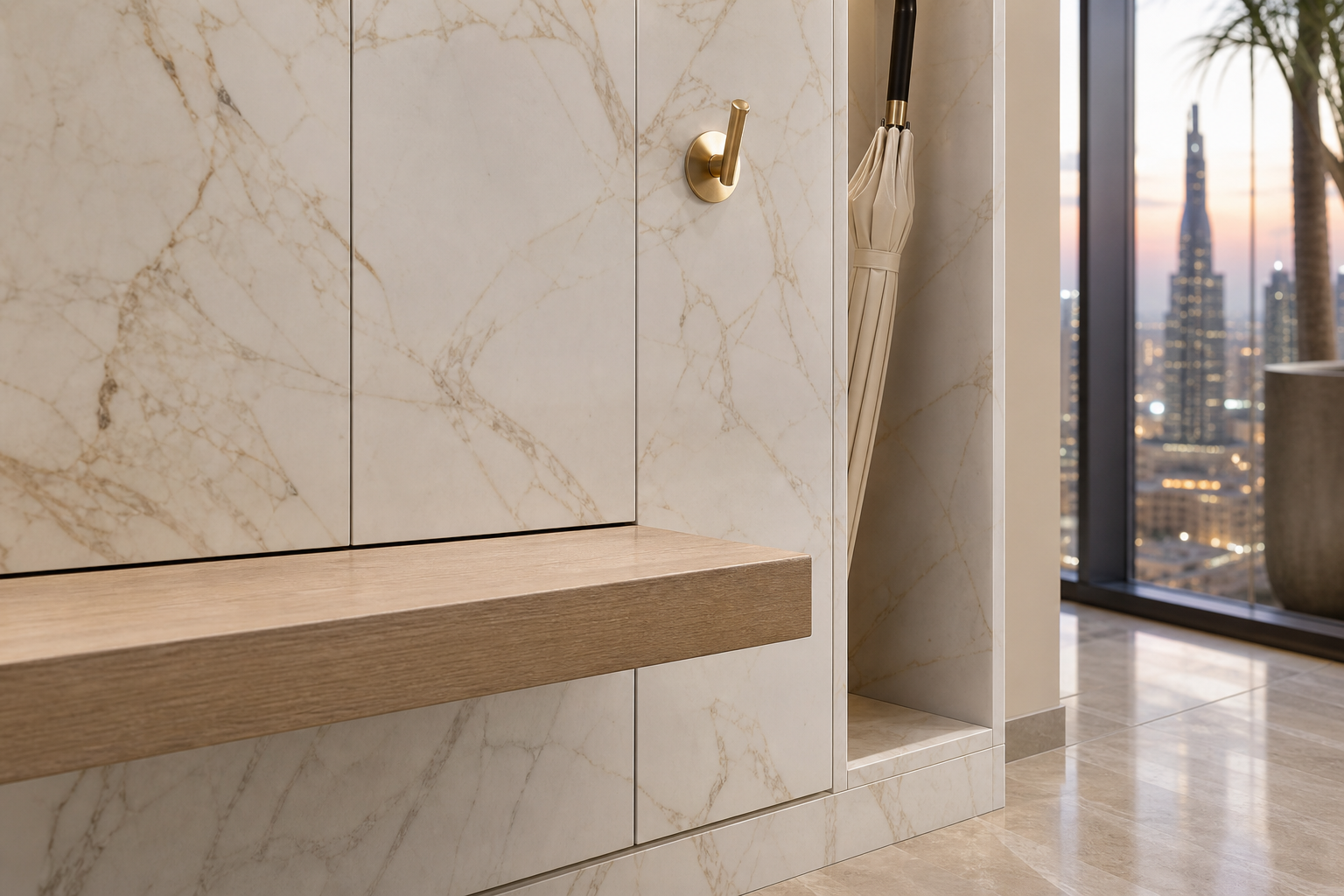 Fadior Ecliptic Entryway Suite with Oak Umbrella Bay — close-up of stainless steel finish and hardware detail