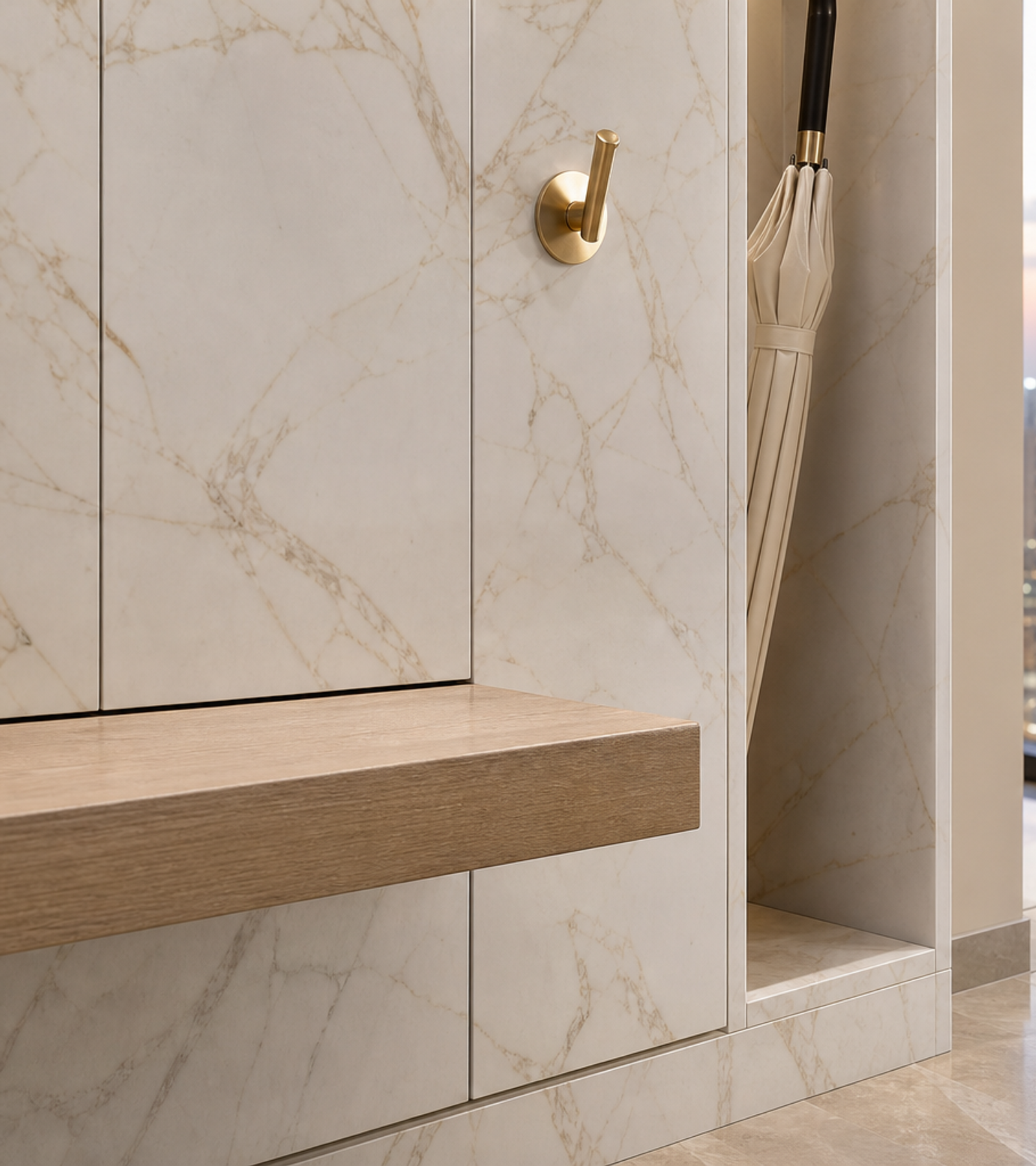 Fadior Ecliptic Entryway Suite with Oak Umbrella Bay — close-up of stainless steel finish and hardware detail