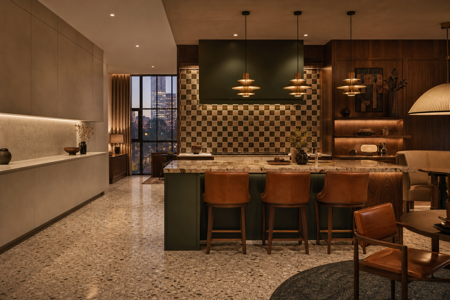 Kitchen decision comparison with muted green cabinetry and walnut warmth against quieter minimal planes.
