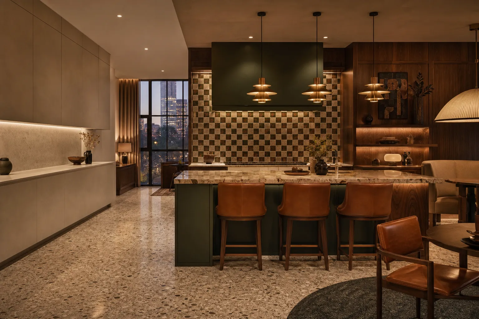 Kitchen decision comparison with muted green cabinetry and walnut warmth against quieter minimal planes.