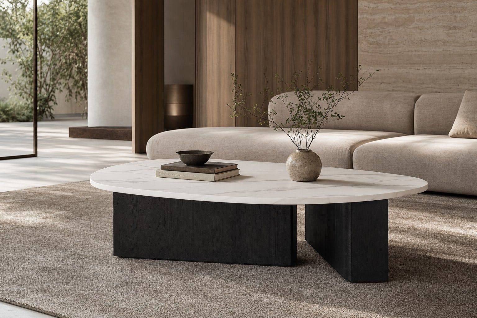 Stone-Top Coffee Table (Jazz White marble) styled in a FADIOR HOME interior setting