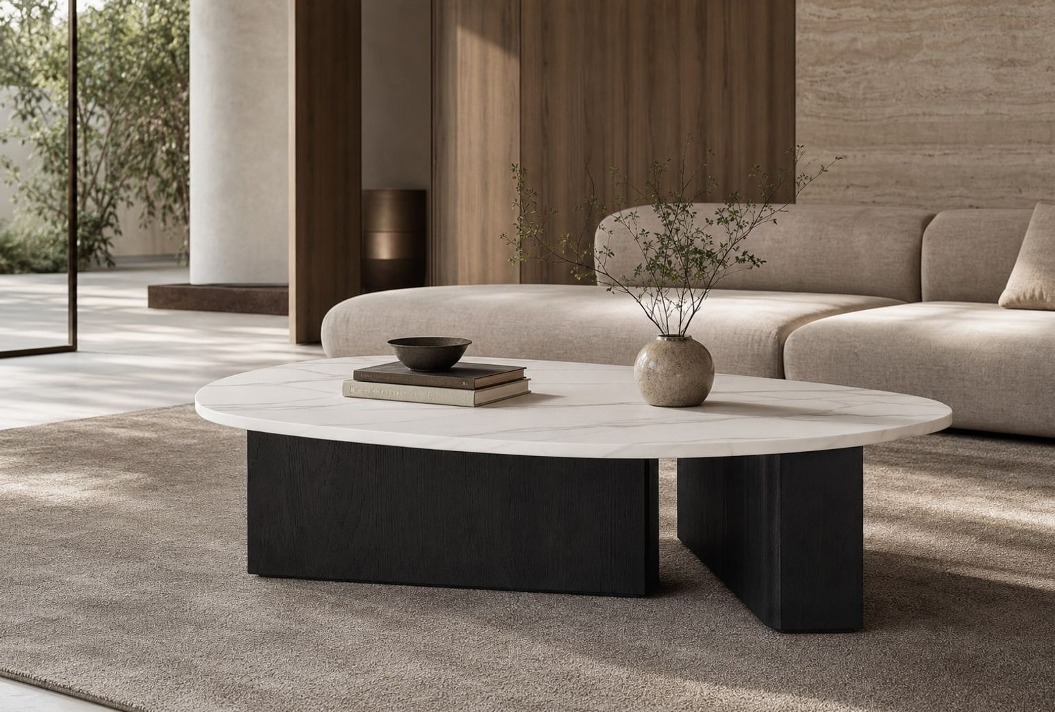 Stone-Top Coffee Table (Jazz White marble) styled in a FADIOR HOME interior setting