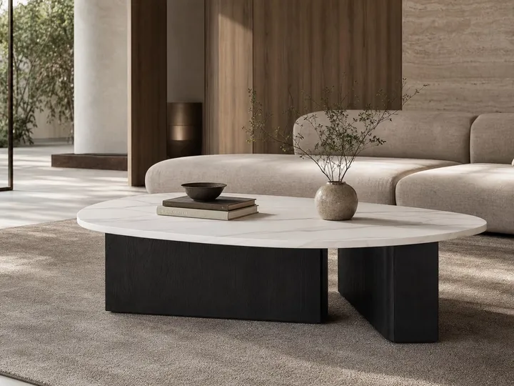 Mesa de centro de mármol blanco y roble 600×500×520 mm