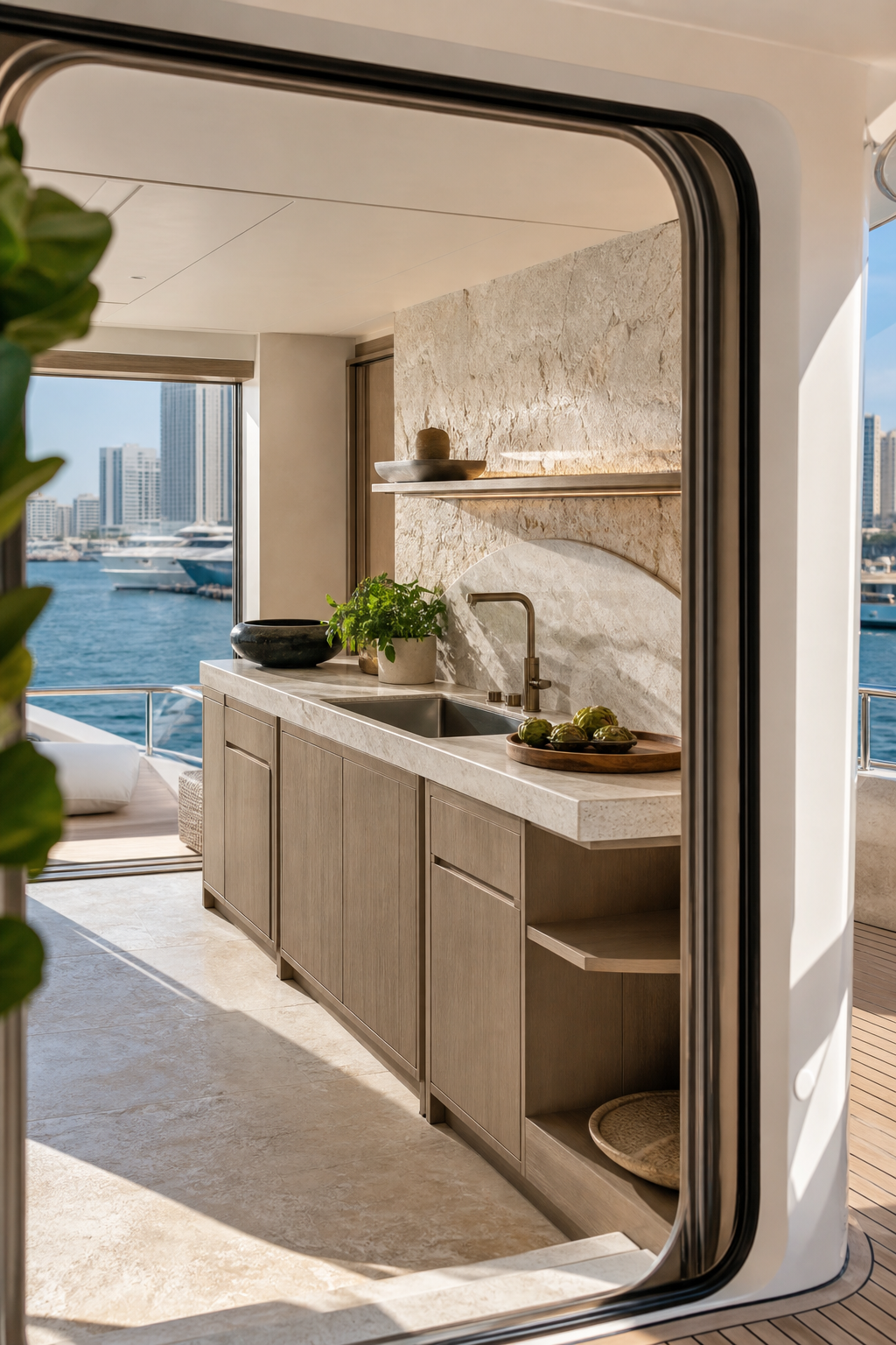 Fadior Dubai Marina Yacht Galley — Dubai yacht kitchen workstation with stone counter, wood cabinets, sink, herb pot,