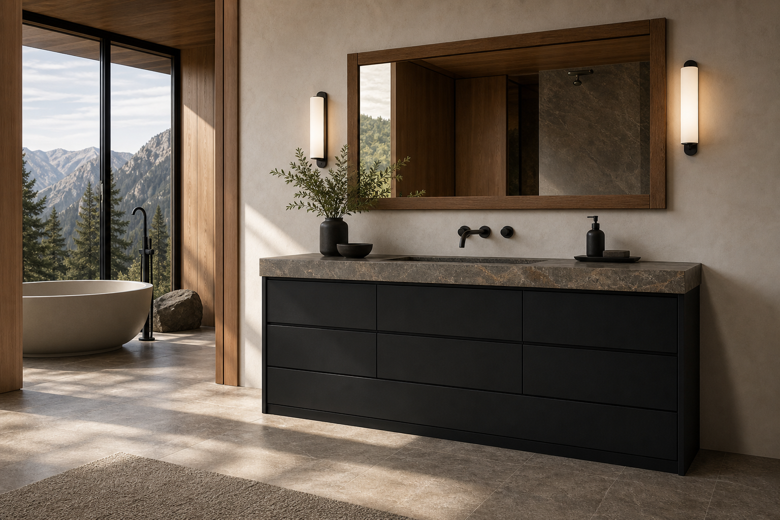 Fadior Verve Bath and Vanity Suite with Obsidian Towel Plinth — interior room context showing cabinet integration