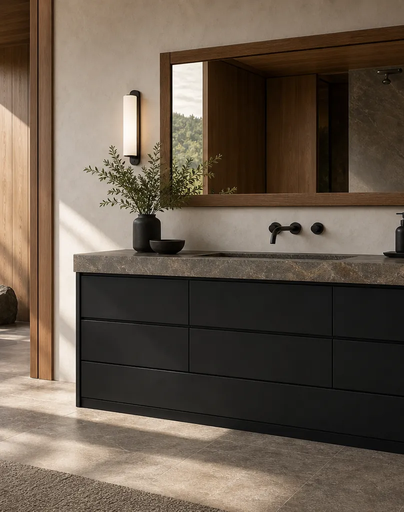 Fadior Verve Bath and Vanity Suite with Obsidian Towel Plinth — interior room context showing cabinet integration