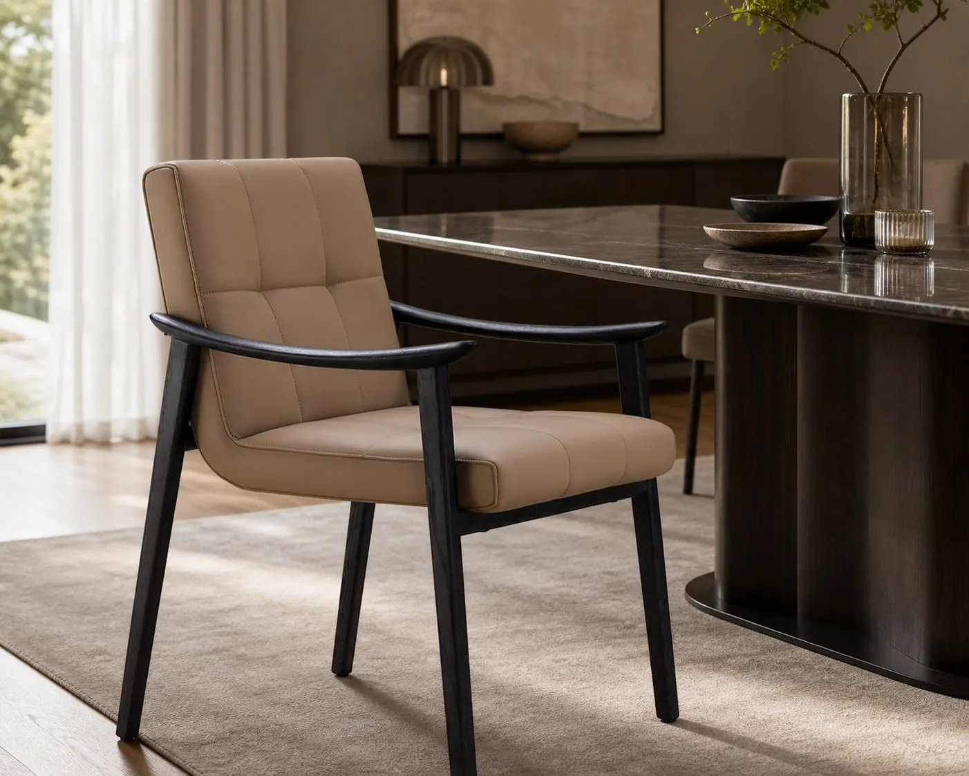 Grid-Quilted Smoked Wood Dining Chair
