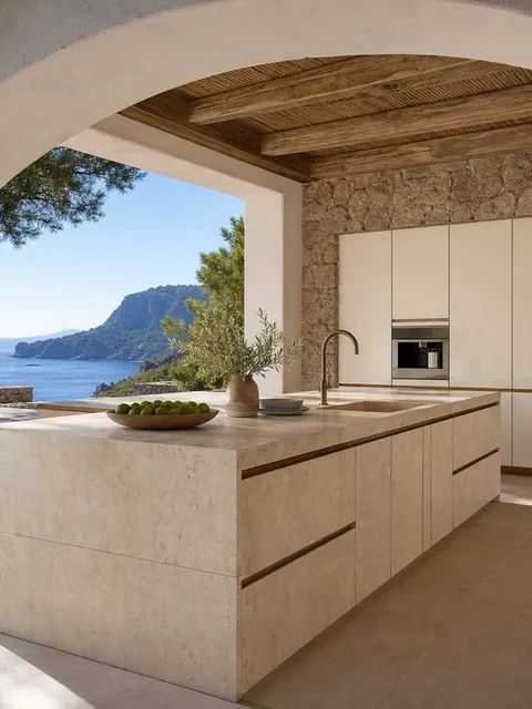 Suite de Cocina Meridian con Línea de Referencia en Bronce Cafe en la Pared de Trabajo