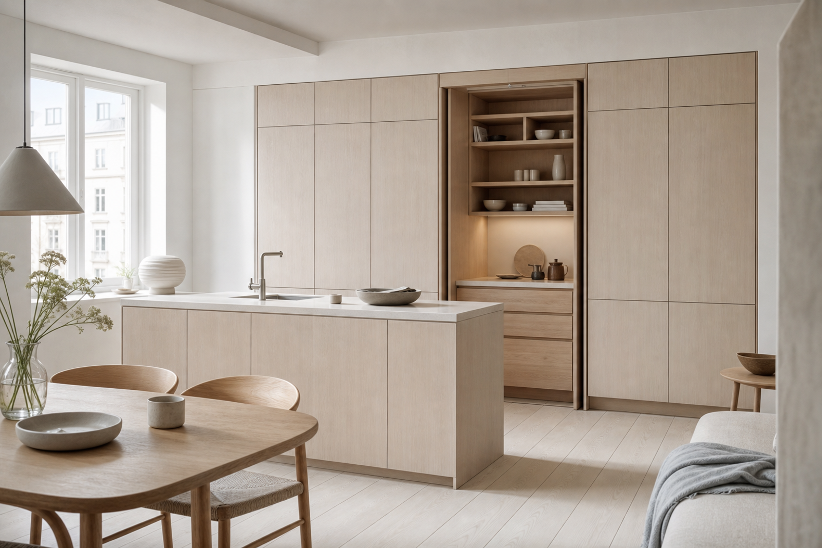 Hidden kitchen in a soft Copenhagen-style apartment with concealed pantry wall and dining area.