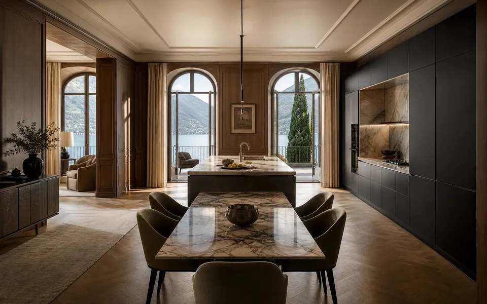 Fadior Como 280 sqm Kitchen Villa — Como lake villa kitchen with marble island, walnut wall panels, arched windows, — 304 stainless steel cabinetry installation by Fadior