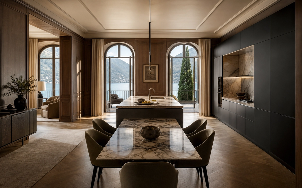 Fadior Como 280 sqm Kitchen Villa — Como lake villa kitchen with marble island, walnut wall panels, arched windows, — 304 stainless steel cabinetry installation by Fadior