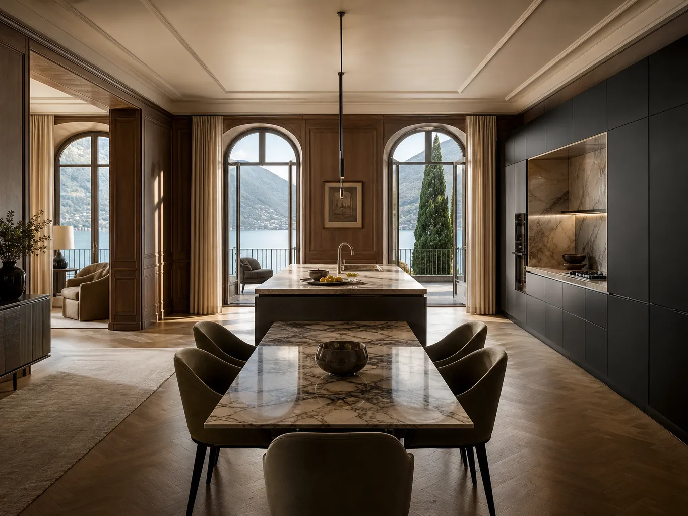 Fadior Como 280 sqm Kitchen Villa — Como lake villa kitchen with marble island, walnut wall panels, arched windows,