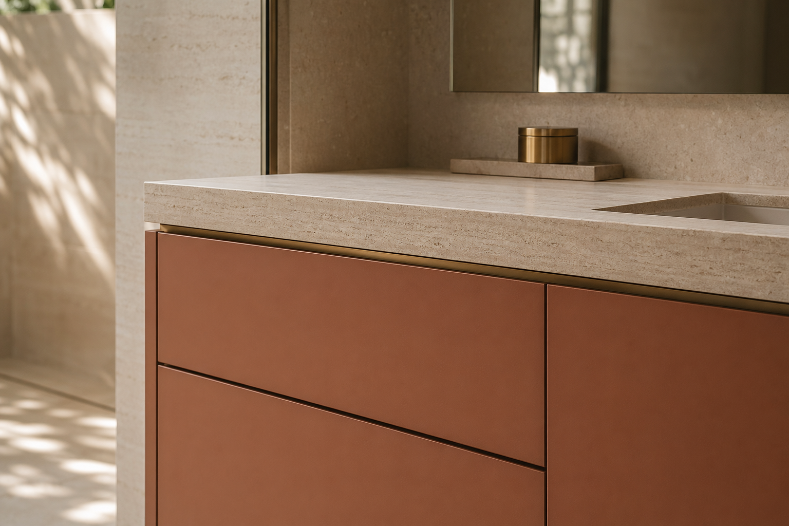 Fadior Nacre Bath and Vanity Suite with Low-Silica Travertine Ledge — close-up of stainless steel finish and hardware detail