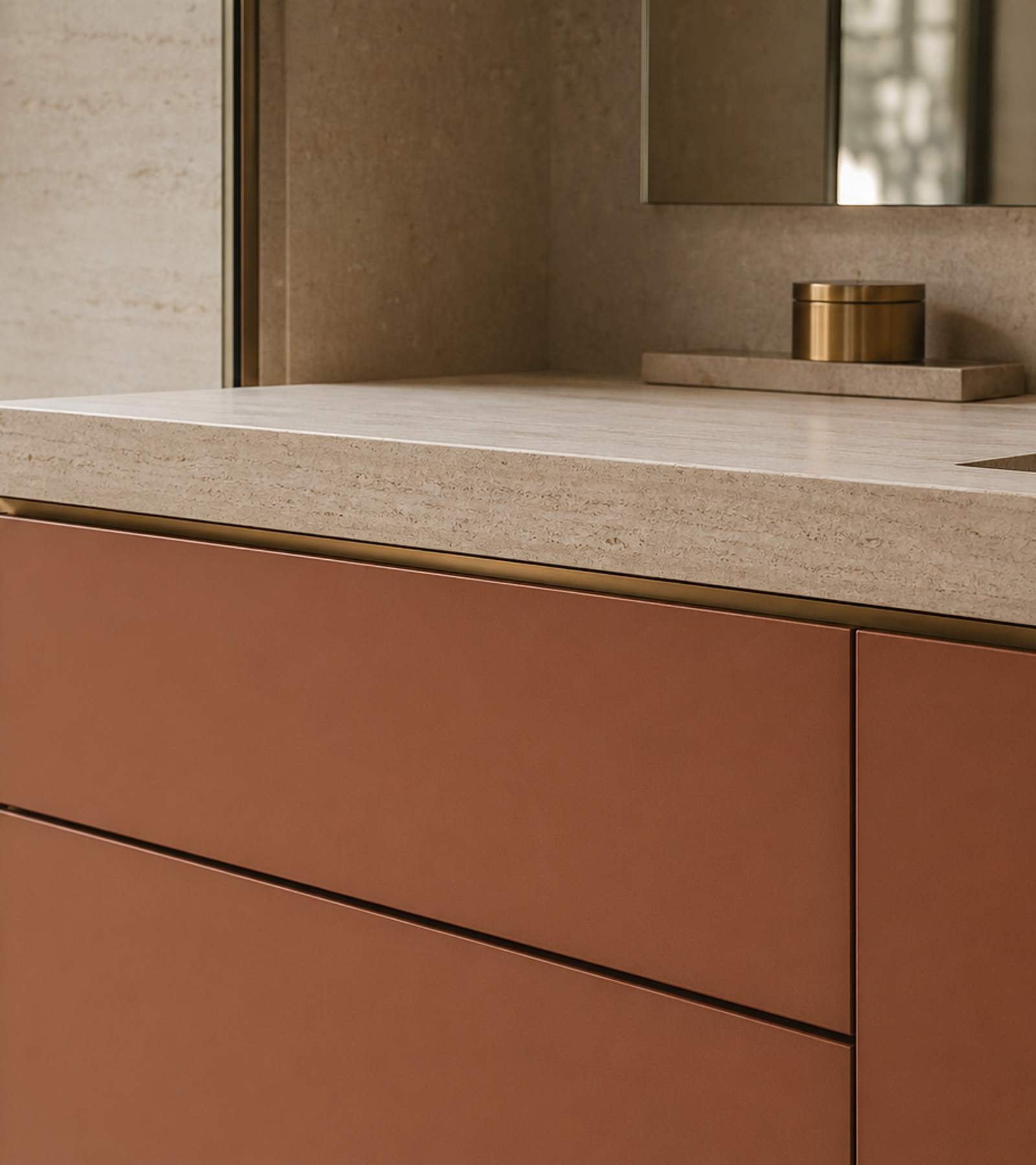 Fadior Nacre Bath and Vanity Suite with Low-Silica Travertine Ledge — close-up of stainless steel finish and hardware detail