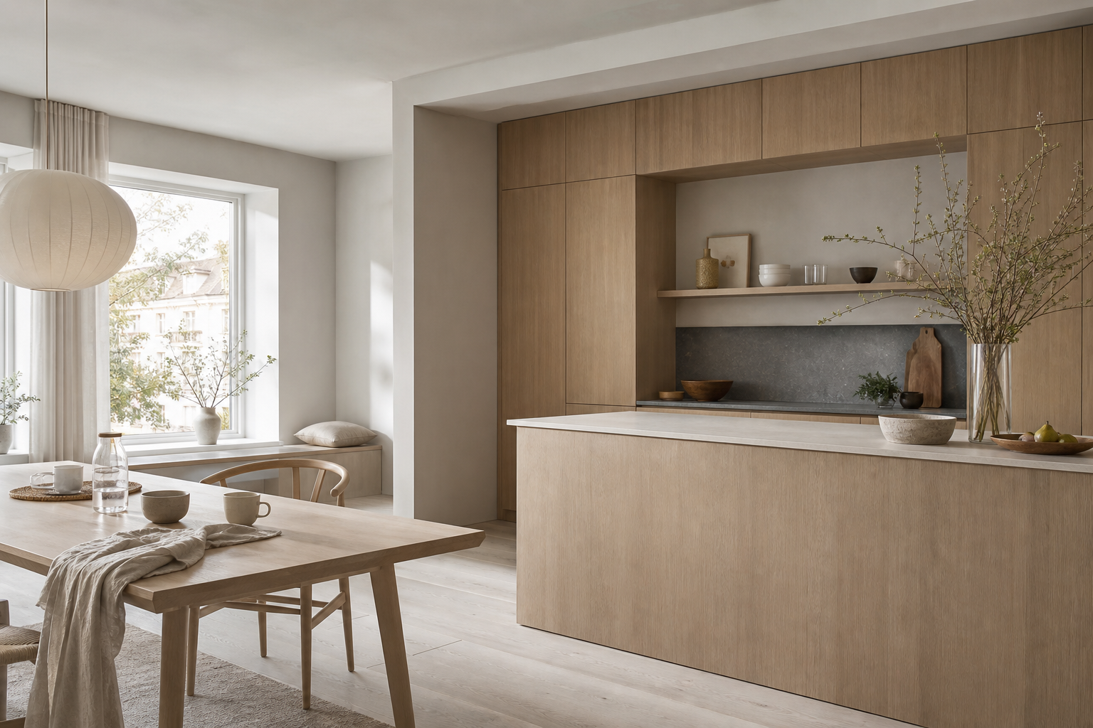 Residential kitchen context with blond cabinetry, wool textiles, and calm breakfast atmosphere.