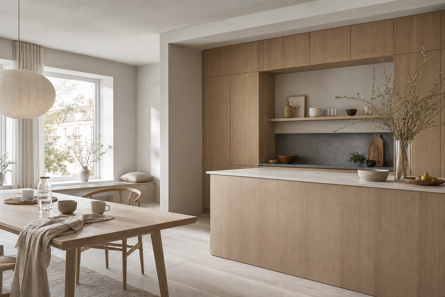 Residential kitchen context with blond cabinetry, wool textiles, and calm breakfast atmosphere.