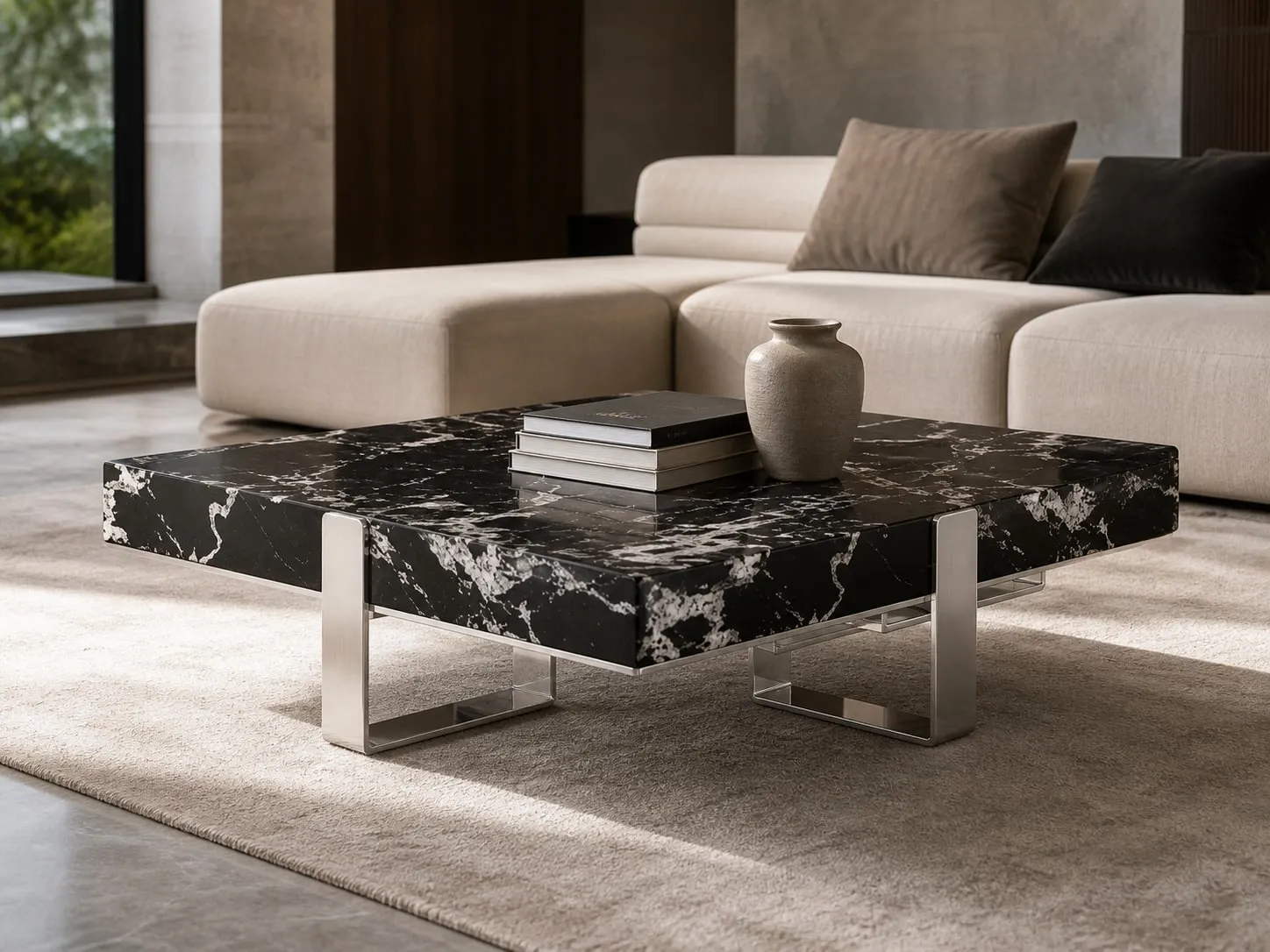 Black Marble Grey Glass Table 1000×1000×300 mm