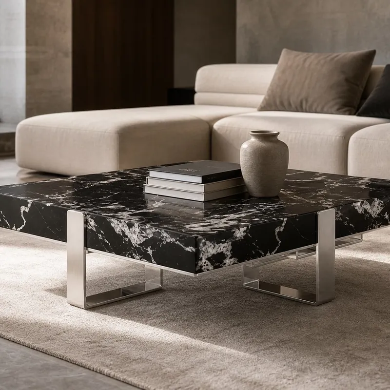 Black Marble Grey Glass Table Ø700×420 mm