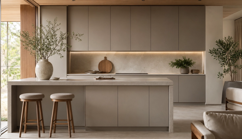 Kitchen atmosphere study: smooth warm-gray cabinetry, pale stone, and warm oak in a calm editorial view about glue-free cabinet construction.