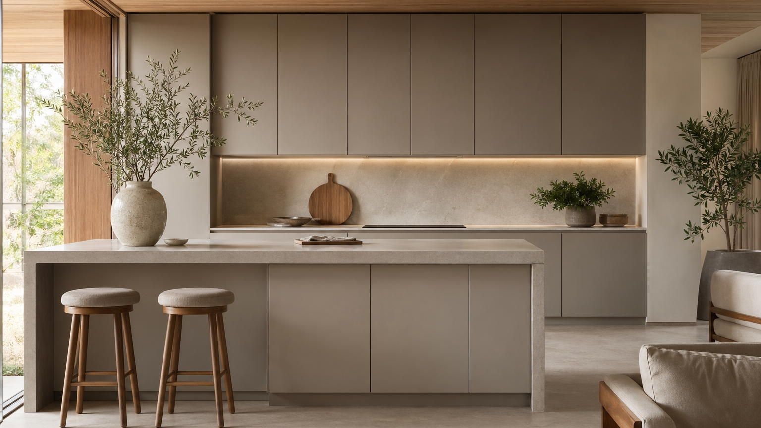 Kitchen atmosphere study: smooth warm-gray cabinetry, pale stone, and warm oak in a calm editorial view about glue-free cabinet construction.