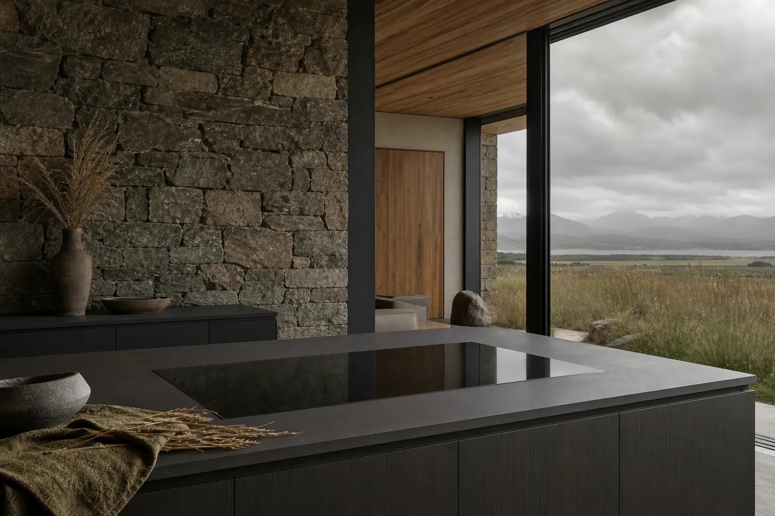 Kitchen material study with dark glass plane, weathered stone, cedar warmth, and decision atmosphere.