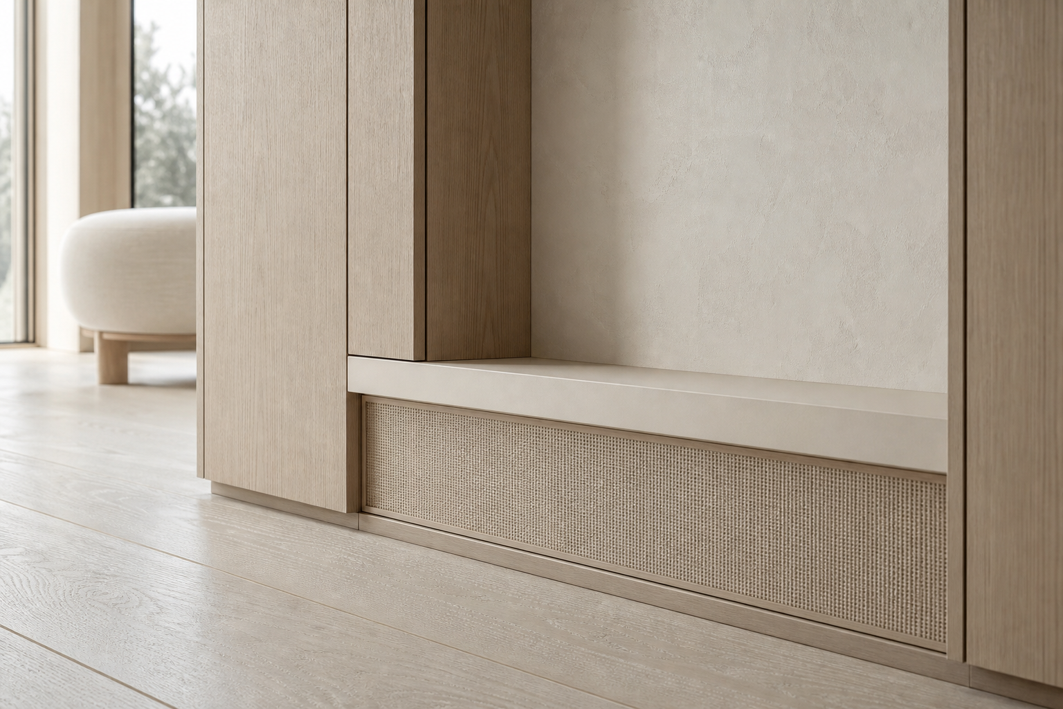 Fadior Onyx Wardrobe Suite with Cane Plinth Packing Wall — close-up of stainless steel finish and hardware detail
