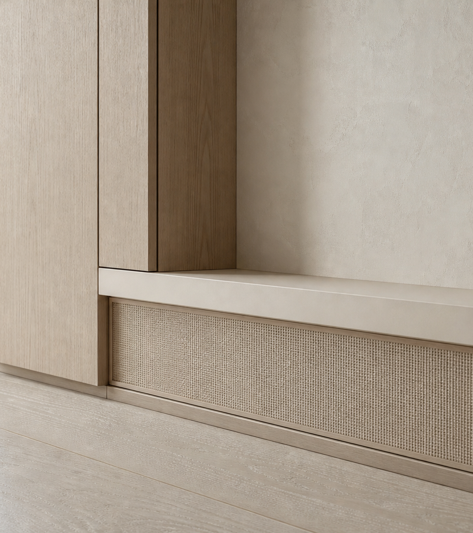 Fadior Onyx Wardrobe Suite with Cane Plinth Packing Wall — close-up of stainless steel finish and hardware detail