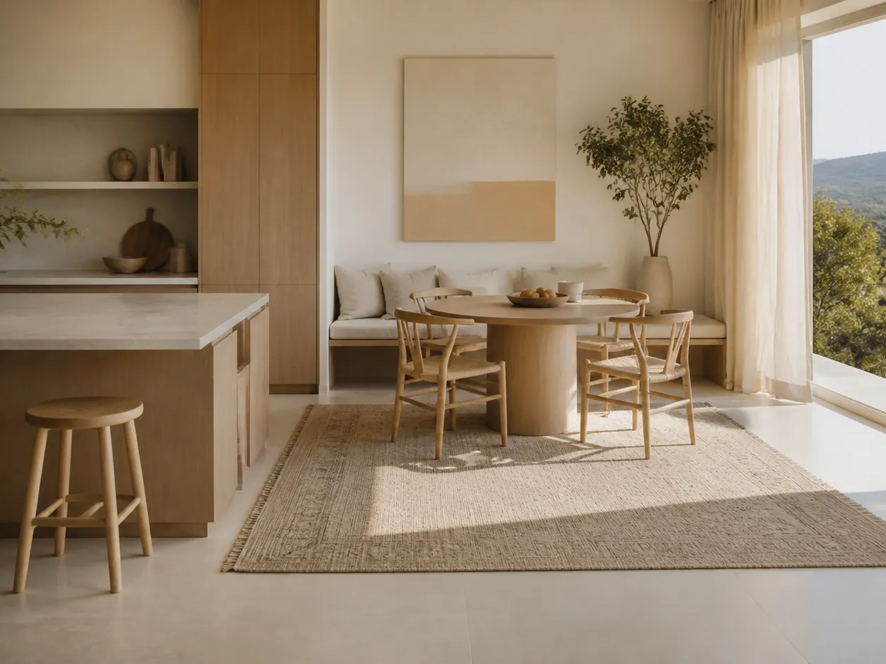 Kitchen atmosphere: warm oak breakfast nook and woven rug in soft daylight. — 304 stainless steel cabinetry editorial by Fadior