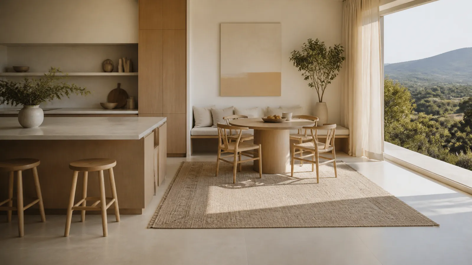 Kitchen atmosphere: warm oak breakfast nook and woven rug in soft daylight.