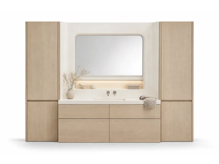 Fadior Nacre Bath and Vanity Suite with Soft Plaster Powder Niche — 304 stainless steel bath and vanity system, front view