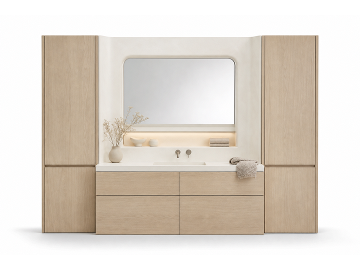 Fadior Nacre Bath and Vanity Suite with Soft Plaster Powder Niche — 304 stainless steel bath and vanity system, front view
