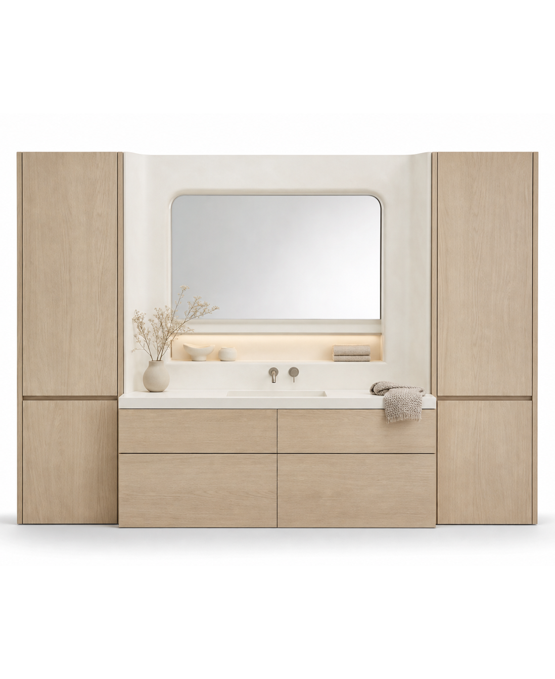 Fadior Nacre Bath and Vanity Suite with Soft Plaster Powder Niche — 304 stainless steel bath and vanity system, front view