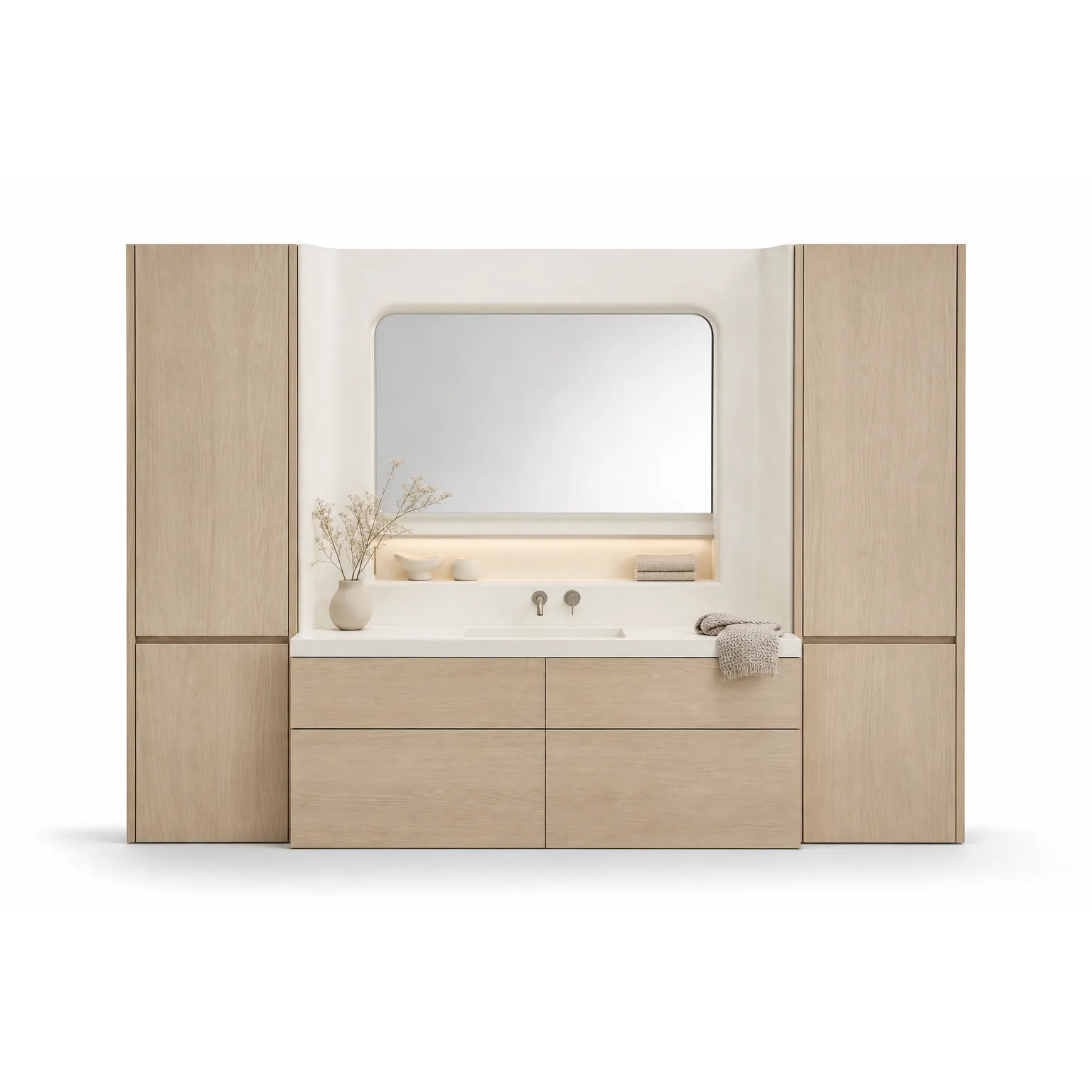 Fadior Nacre Bath and Vanity Suite with Soft Plaster Powder Niche — 304 stainless steel bath and vanity system, front view