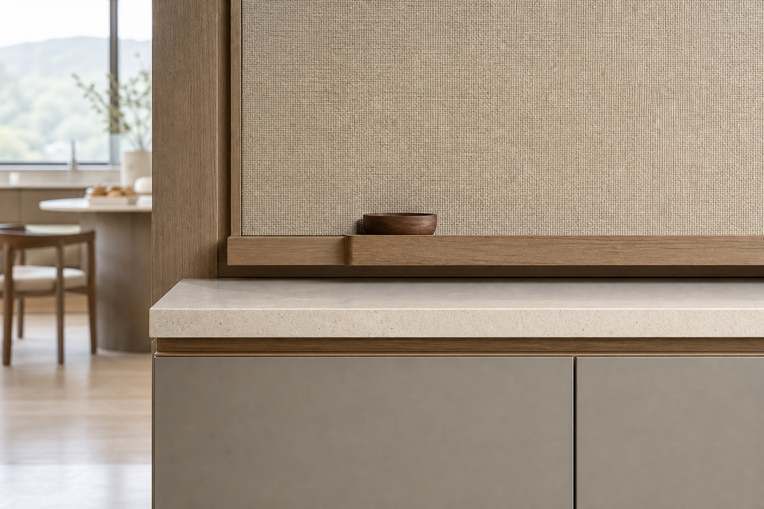 Fadior Ecliptic Entryway Suite with Linen Pinboard Keydrop Bench — close-up of stainless steel finish and hardware detail