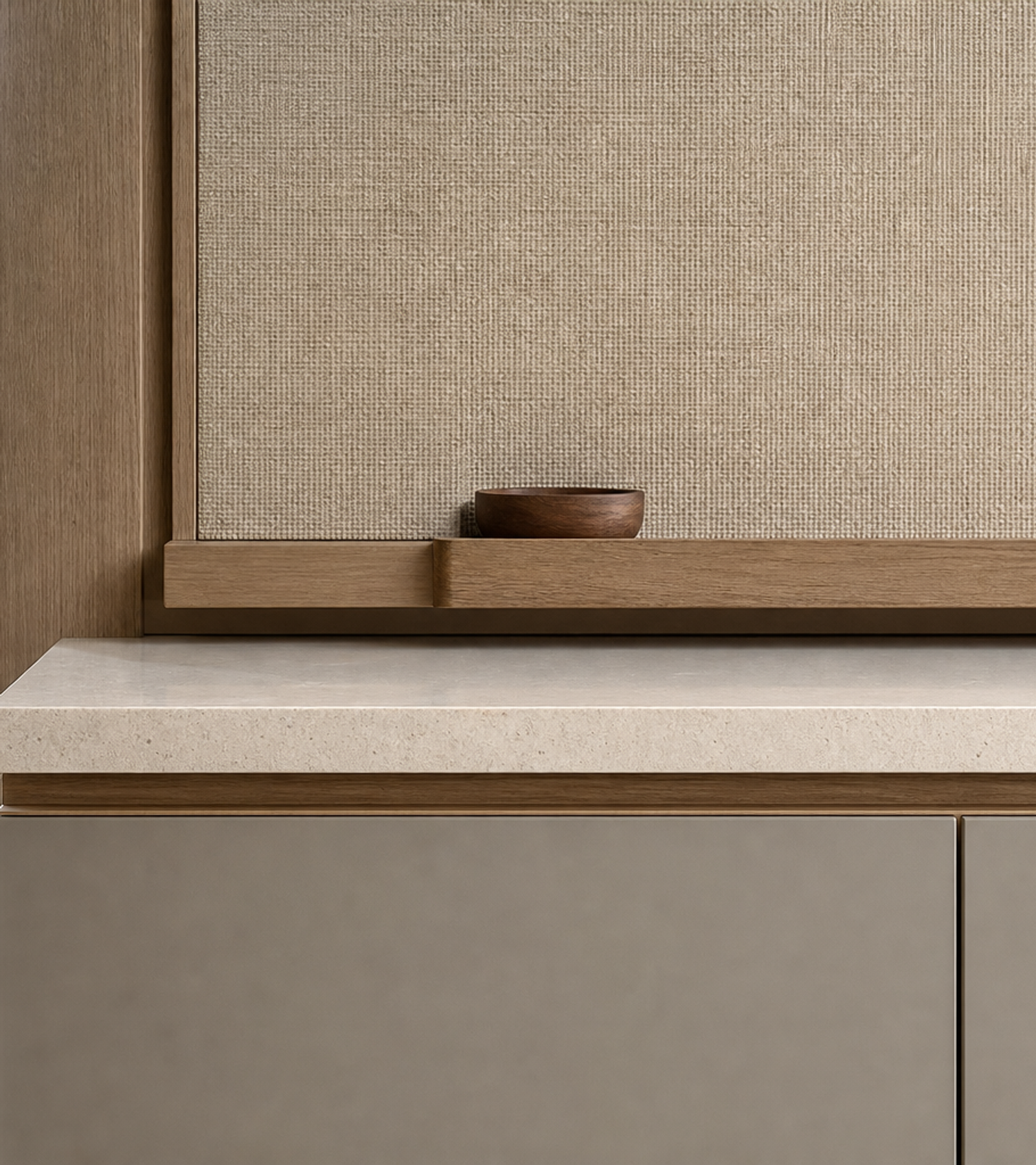 Fadior Ecliptic Entryway Suite with Linen Pinboard Keydrop Bench — close-up of stainless steel finish and hardware detail
