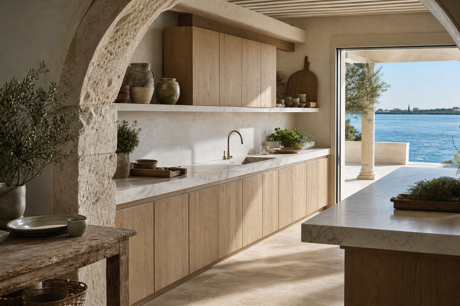 Fadior Venice 350 sqm Kitchen Villa — Venice villa kitchen workstation with marble counter, olive wood cabinets, sink,