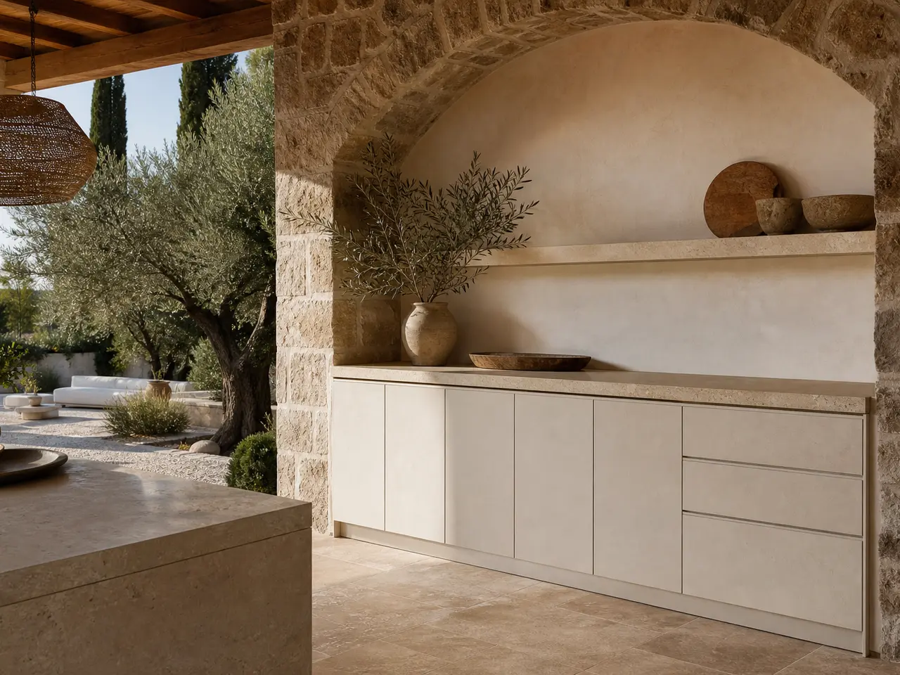 Fadior Vantage Outdoor Kitchen Suite with Rain Veil Service Island - 304 stainless steel outdoor kitchen cabinetry with grill, sink, prep counter, weather-ready storage, and open-air use