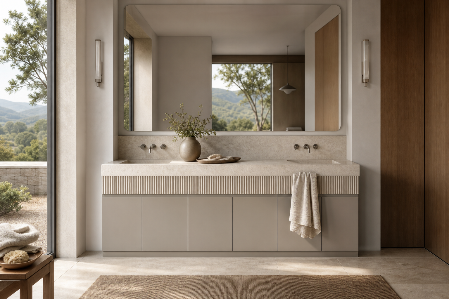 Fadior Alcove Bath and Vanity Suite with Reeded Limestone Towel Datum — lifestyle setting with natural light and residential