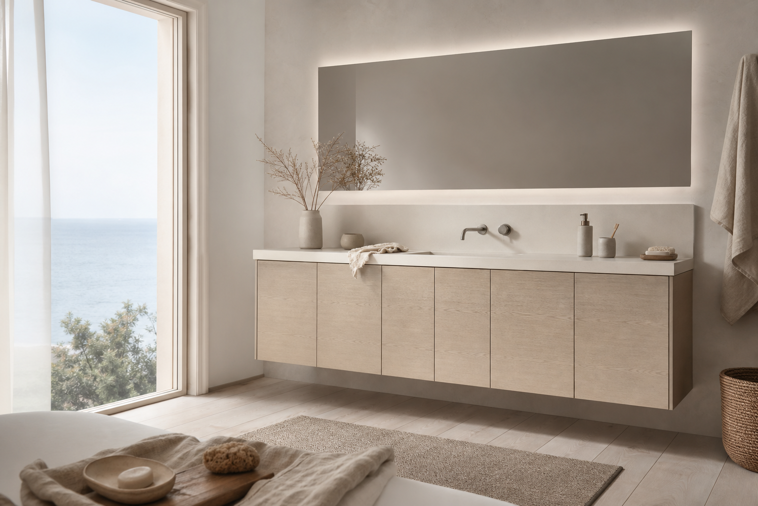 Fadior Voyage Bath Suite with Specifier Ready Wash Wall — lifestyle setting with natural light and residential styling