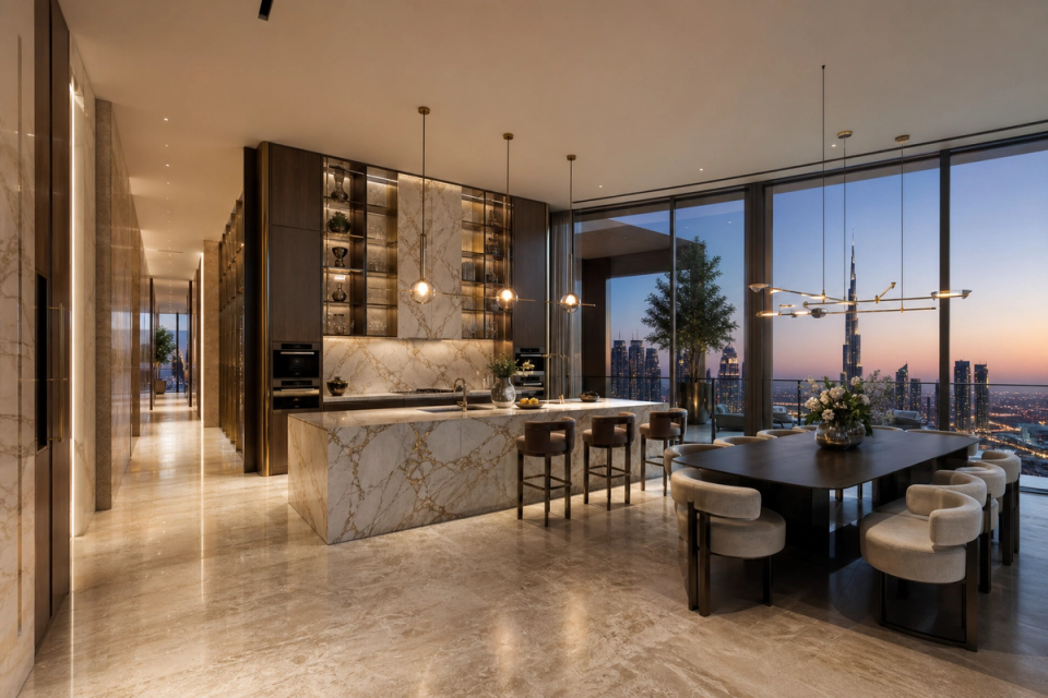 Fadior Dubai 250 sqm Kitchen Penthouse — Dubai penthouse kitchen with marble island, cabinet wall, dining table, skyline glazing, terrace door, travertine floor, and pendant lights