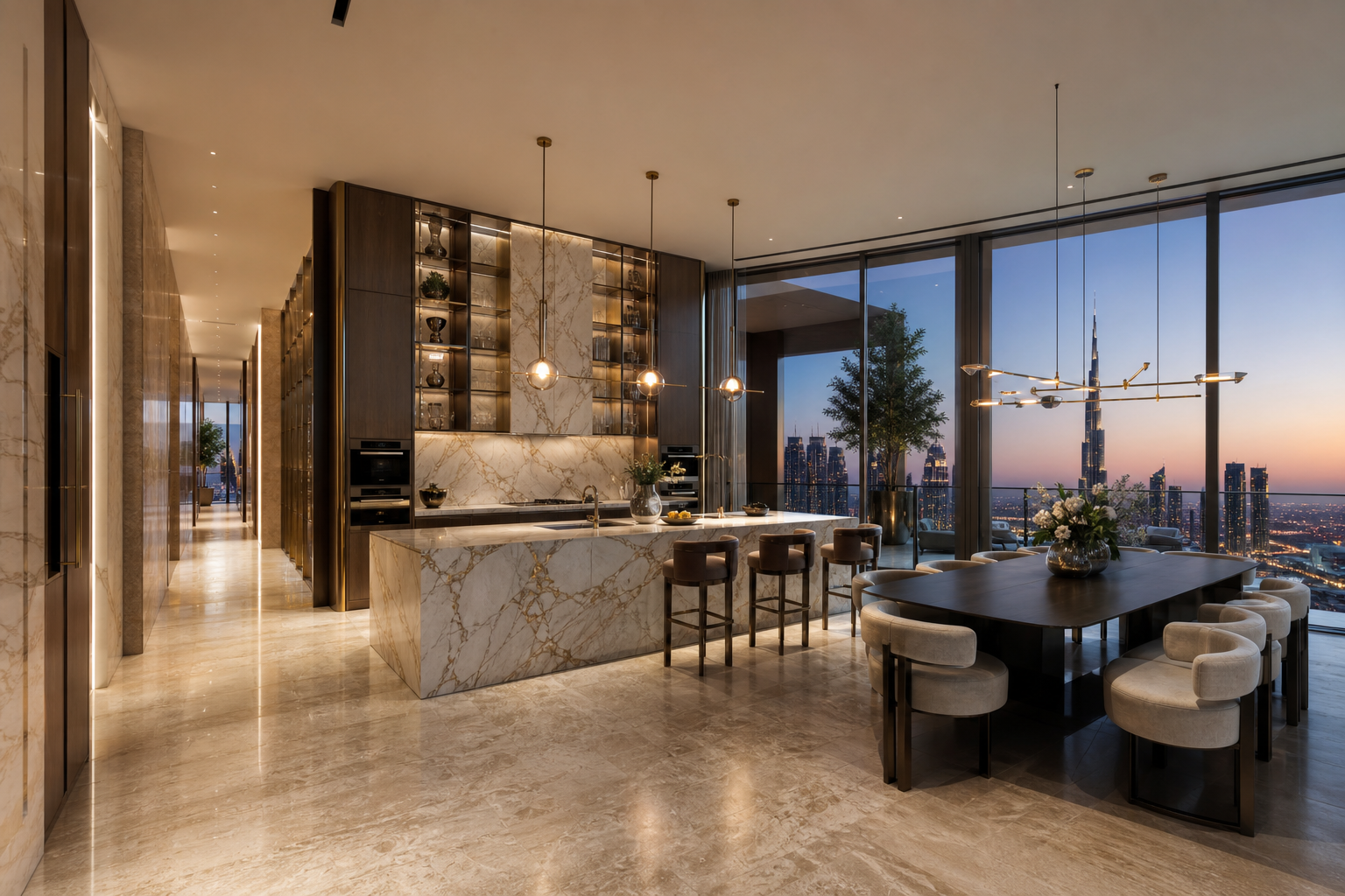 Fadior Dubai 250 sqm Kitchen Penthouse — Dubai penthouse kitchen with marble island, cabinet wall, dining table, skyline glazing, terrace door, travertine floor, and pendant lights