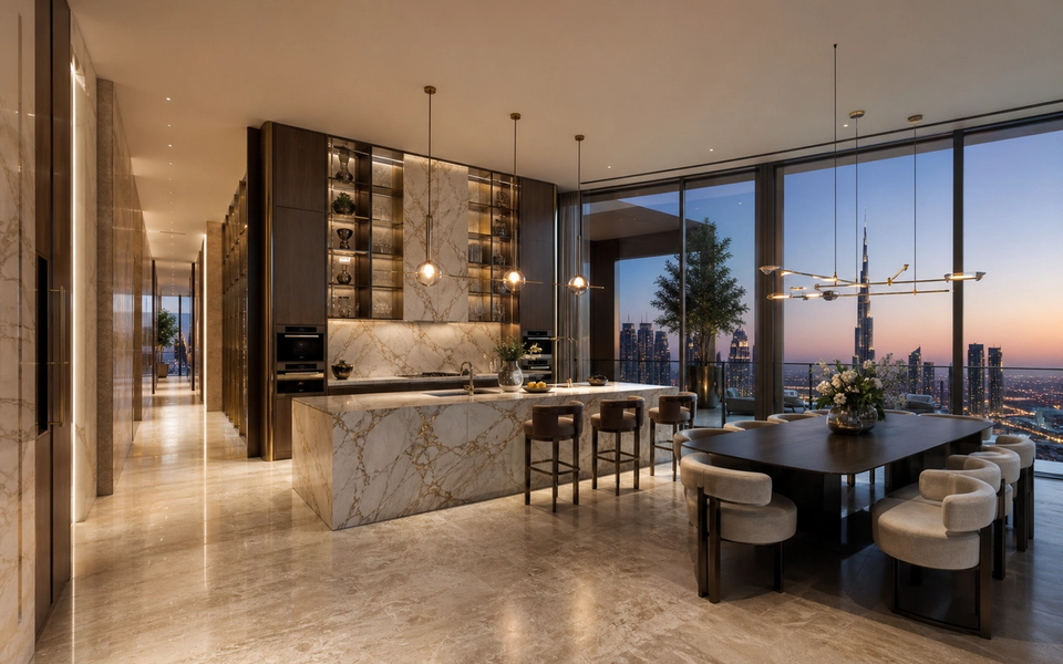 Fadior Dubai 250 sqm Kitchen Penthouse — Dubai penthouse kitchen with marble island, cabinet wall, dining table, skyline glazing, terrace door, travertine floor, and pendant lights — 304 stainless steel cabinetry installation by Fadior