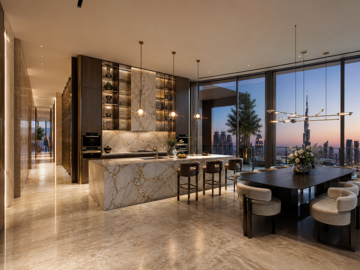 Fadior Dubai 250 sqm Kitchen Penthouse — Dubai penthouse kitchen with marble island, cabinet wall, dining table, skyline glazing, terrace door, travertine floor, and pendant lights