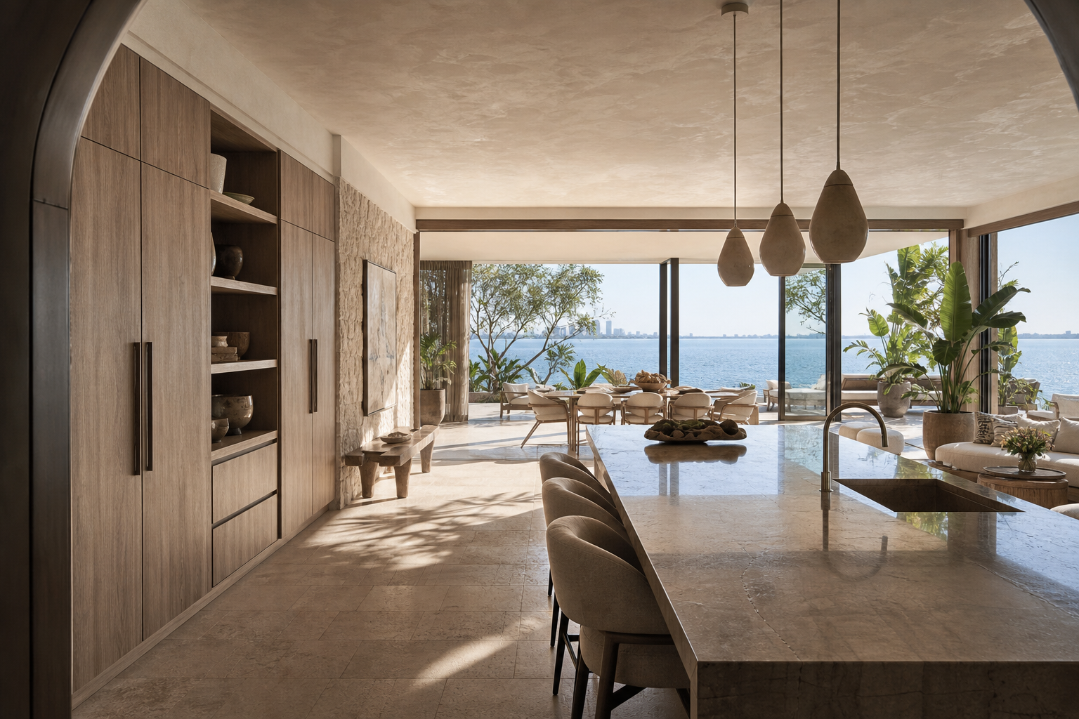 Fadior Miami Skyline Penthouse — Miami living and dining room with kitchen island, timber storage wall, stone floor,