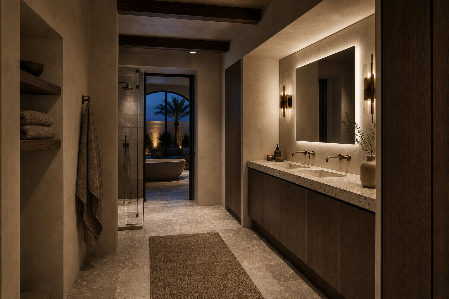 Fadior Ethereal Bath and Vanity Suite with Full-Thickness Vein Wash Alcove — interior room context showing cabinet
