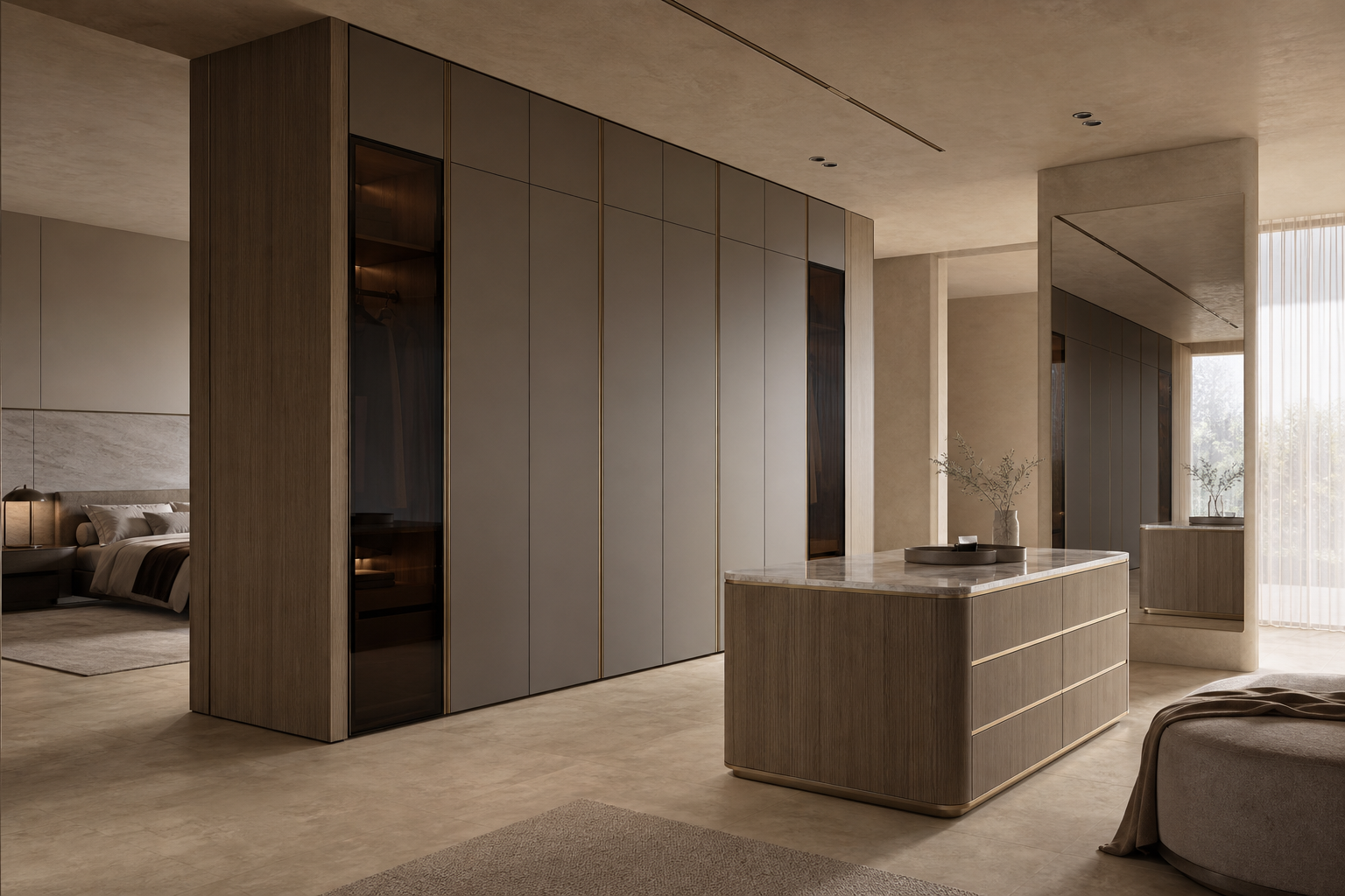 Fadior Elementum Wardrobe Suite with Precision Dressing Grid — interior room context showing cabinet integration