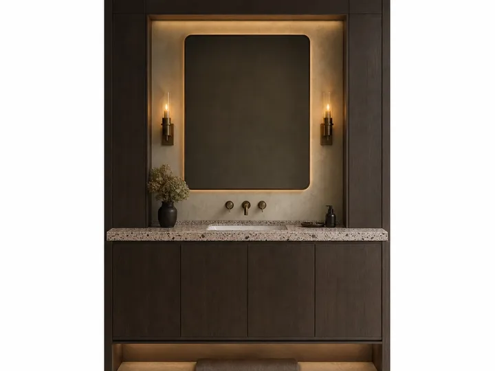 Fadior Solstice Bath and Vanity Suite with Moonstone Sill Towel Alcove — 304 stainless steel bath and vanity system,