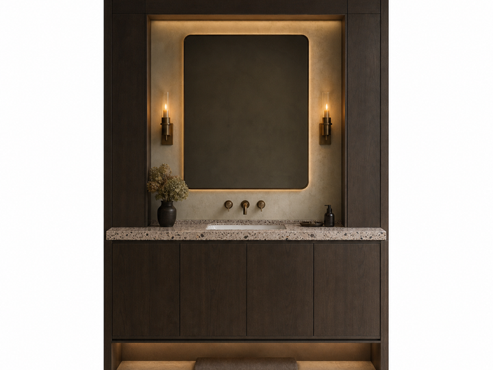 Fadior Solstice Bath and Vanity Suite with Moonstone Sill Towel Alcove — 304 stainless steel bath and vanity system,