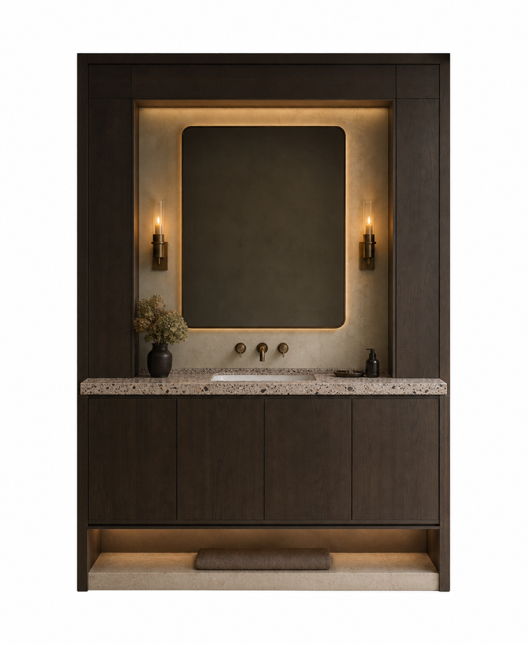 Fadior Solstice Bath and Vanity Suite with Moonstone Sill Towel Alcove — 304 stainless steel bath and vanity system,