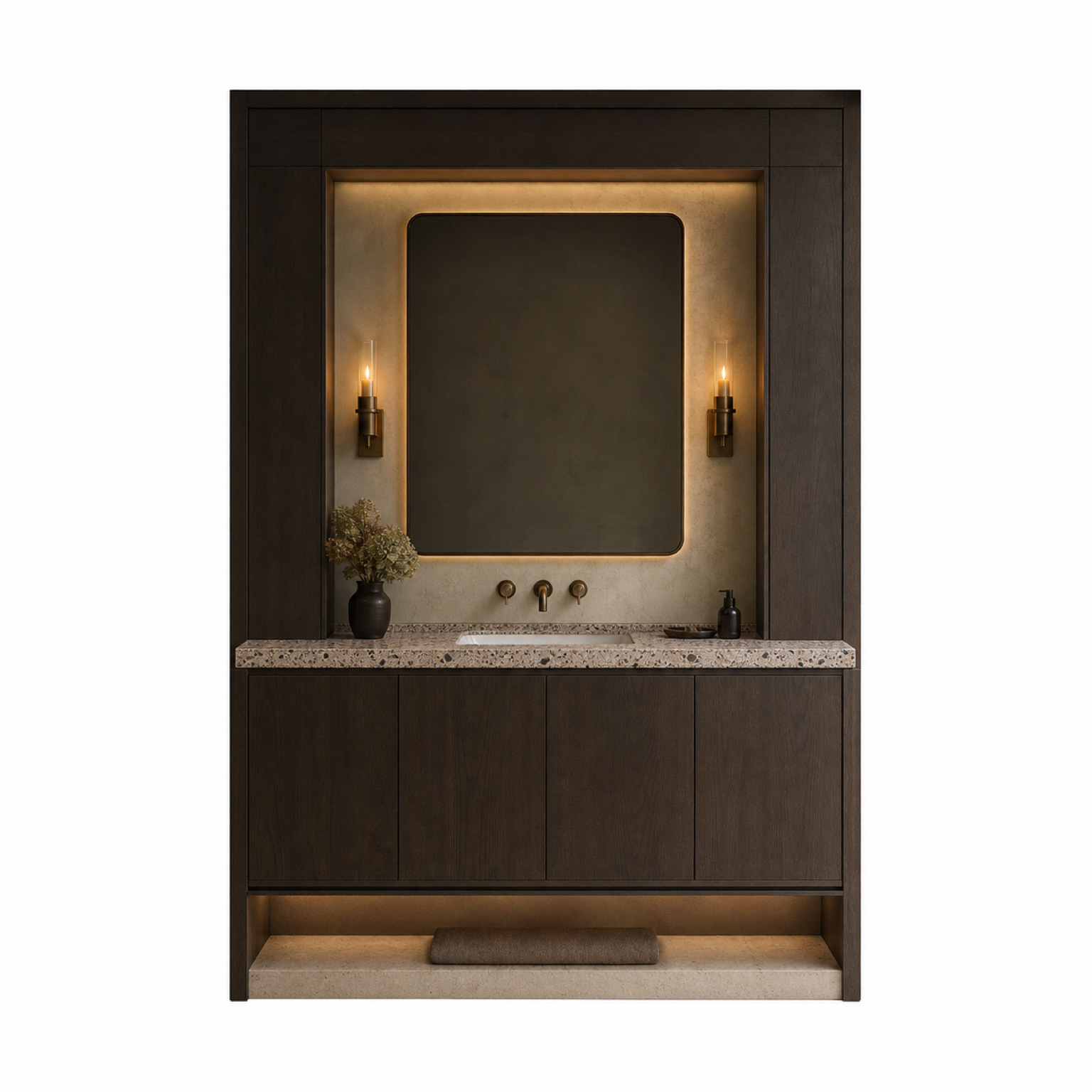Fadior Solstice Bath and Vanity Suite with Moonstone Sill Towel Alcove — 304 stainless steel bath and vanity system,